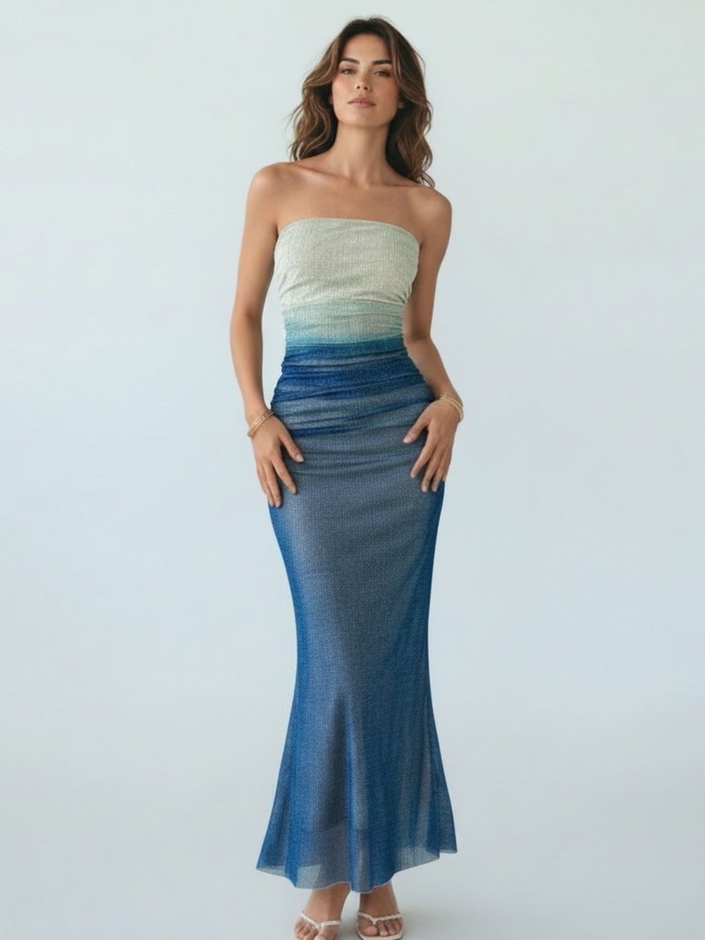 Strapless Ruched tube   Maxi Dress Small Blue Ombre Bodycon Lined Beach Vacation